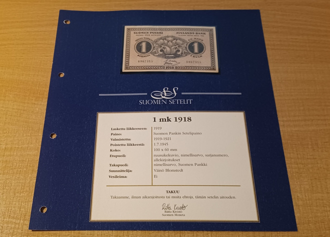 1 Markka 1918 N:o 6867315 Bas - Mul. KL 6