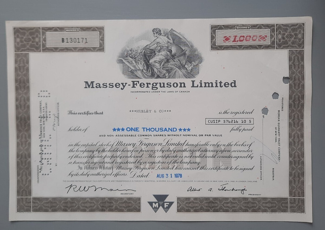osakekirja Massey-Ferguson ltd USA -78 traktori