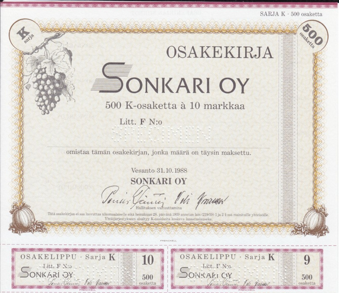 OKK 1988 Sonkari Oy spec , Vesanto osakekirja