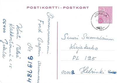 EHIÖ M63 0,30 MK JOKELA 9.2.72? LEIMALLA KULKENUT KIRJAKERHO