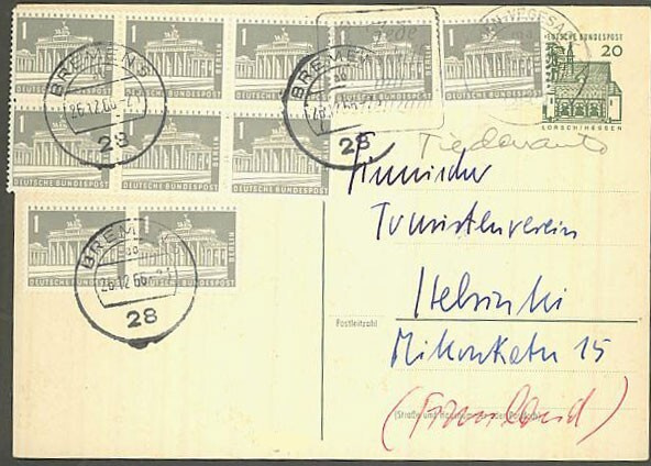 BRD 1966 ehiökortti lisänä Berlin Mi 140 10 kpl Suomeen