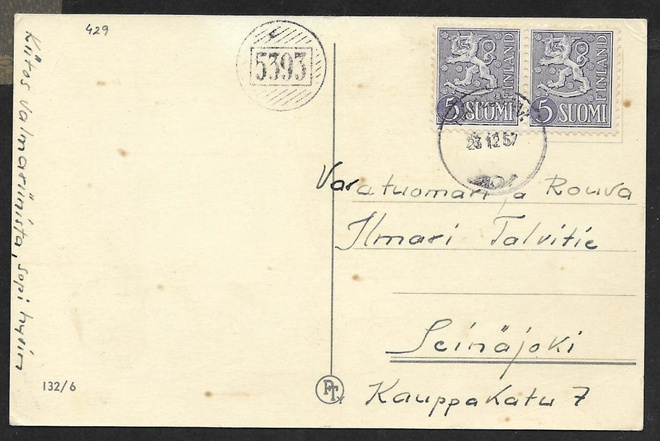 Postilähetys - Numeroleima 5395 + ---23.12.1957