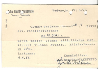 Vaasa/Vedenoja,  v. 1953  firmakortti kotiseutukeräilijälle