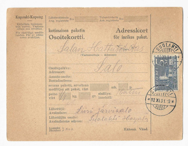 # 23913 # Osoitekortti Suolahti > Salo - 1931