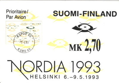 NORDIA 1993 NÄYTTELYKORTTI ENSIP LEIMALLA