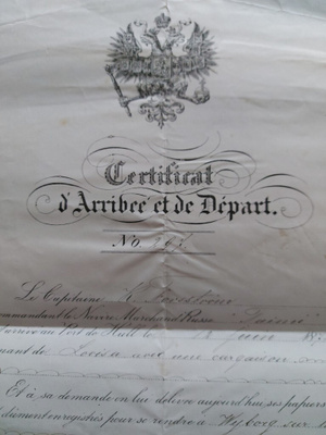Suomal. TAIMI-laivan saapumis-ja lähtötodistus Hull 1874