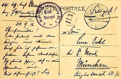 Saksa 1916 kenttäpostikortti Belgiasta