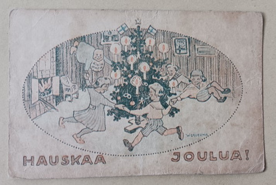 W. Lauerma: Lapset piirileikissä kuusen ympärillä, k. k-k