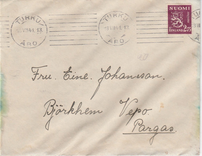 Postileima Turku 18.8.1941 Paraisille