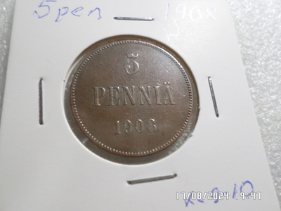 5  penniä 1908  rahakehyksessäkl  9-10