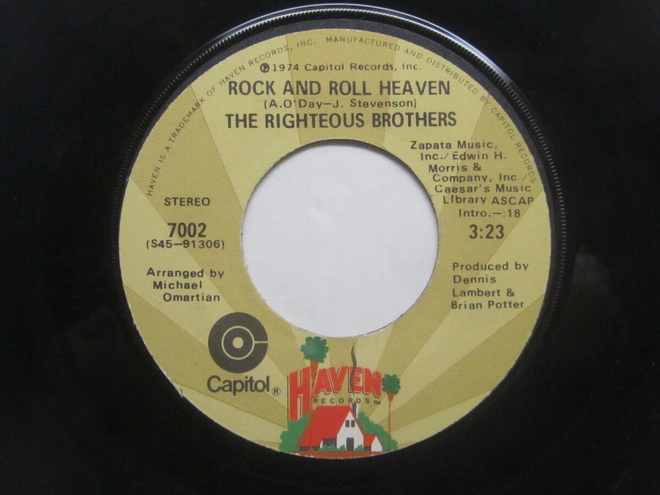 The Righteous Brothers:Rock and Roll Heaven  7" single  1974