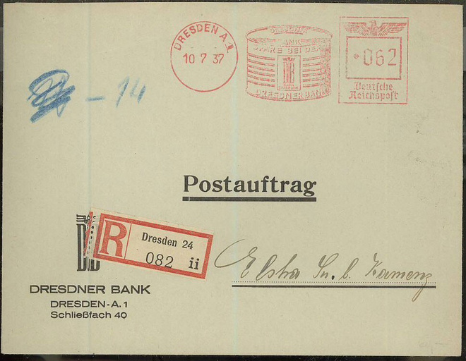 Saksa 1937 kirjattu postitoimeksiantokirje