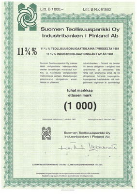 OKK obligaatio Suomen Teollisuuspankki 2.2.1981