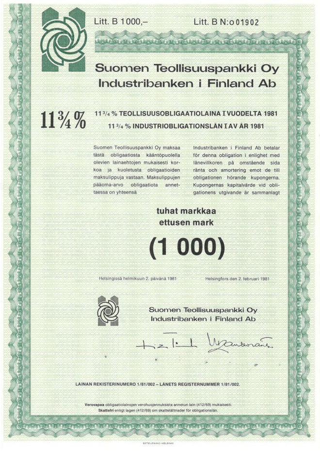 OKK obligaatio Suomen Teollisuuspankki 2.2.1981