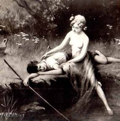 FANTASIA / Nymfi yläosattomissa ja nuorukainen. 1900-l.