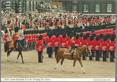 H.M. QUEEN ELIZABETH II AT THE TROOPING THE COLOUR CEREMONY