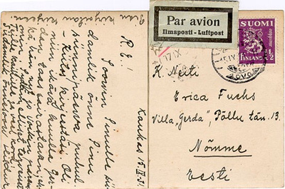 M30 1930 1,5 mk violetti postikortti lentopostissa Viroon