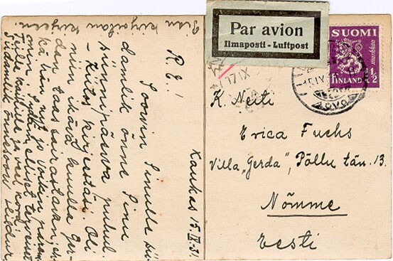 M30 1930 1,5 mk violetti postikortti lentopostissa Viroon