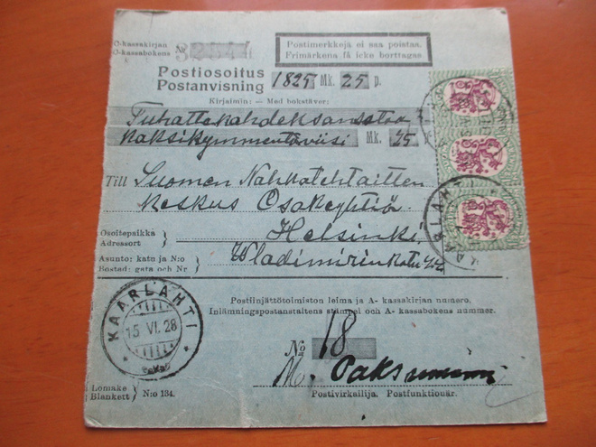 1928 Kaarlahti (Kaukola) postiosoitus