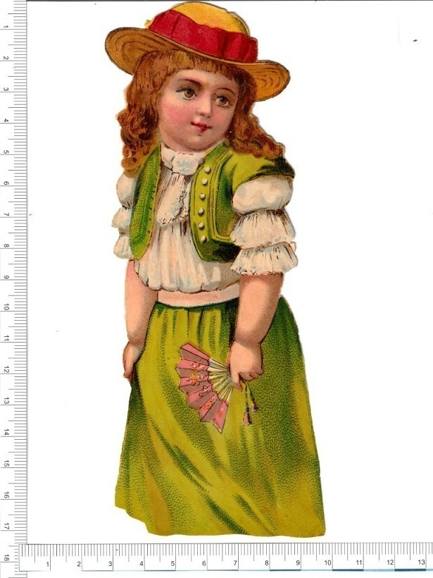 ~ vihreämekkoinen tyttö, vanha kuva, 17 x 6,5cm ~