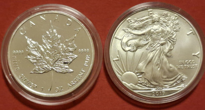 2 x 1 oz 999/9 hopeaa: USA Eagle + Kanada Maple Leaf. (KD6).