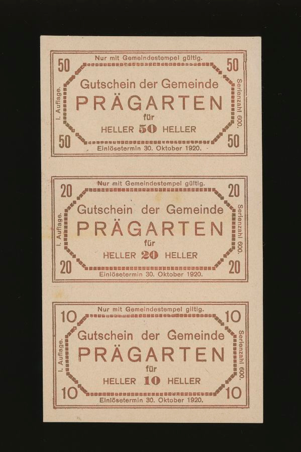 Itävalta 10, 20, 50 Heller, Prägarten, leikkaamaton arkki