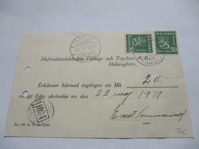 1939 Karjaa nrol lunastuskortilla
