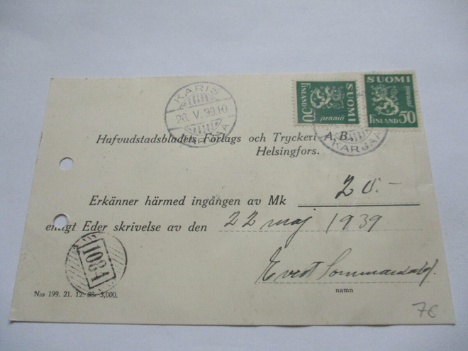 1939 Karjaa nrol lunastuskortilla