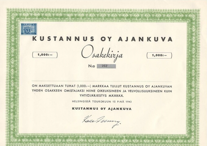 OKK 1943 Kustannus Oy Ajankuva bla, Helsinki osakekirja