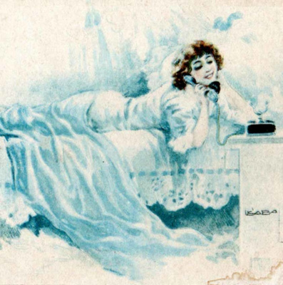NAINEN / Aistillinen tyttö puhelimessa sängyllä. 1910-l.