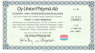 OKK obligaatio Union-Yhtymä 16.4.1984