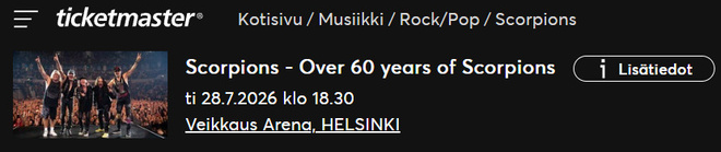 Scorpions Veikkaus Arena Helsinki 28.7.2026 permanto