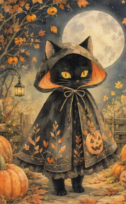 Pieni halloween-kissa hienossa viitassa