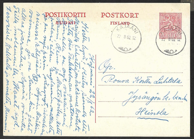 Postilähetys - Ehiö 20mk (LAPE 117) Kajaani 22.8.1962