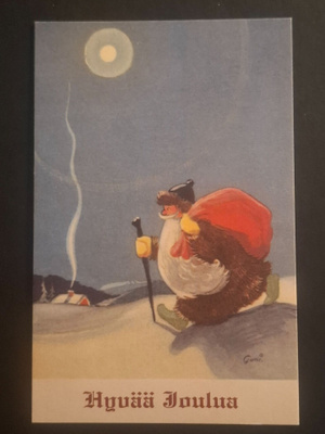 Joulukortti pukki talviyössä