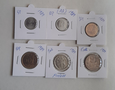 1989  5p, 10p, 20p, 50p,1mk ja 5mk