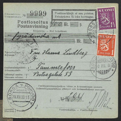 Postiosoitus - Yl.m. 1,5+1mk (LAPE 150+152) Porvoo 20.12.30