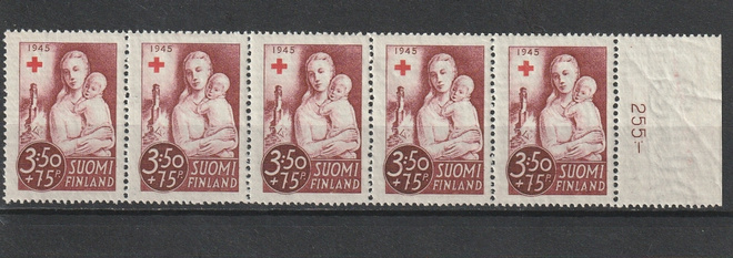 1945 Punainen Risti 3½mk+0,75mk viisrivilö **