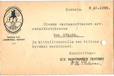 FIRMAKORTTI HUHTAMÄKI KOKKOLA + PV 8