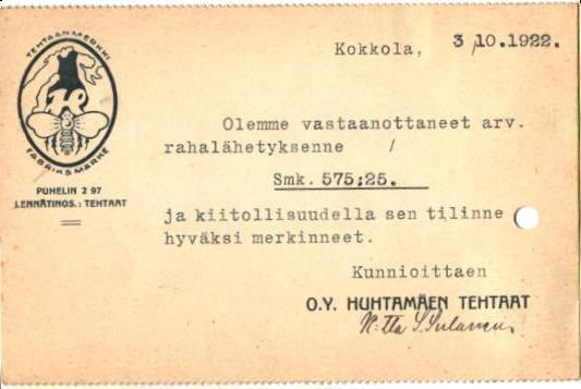 FIRMAKORTTI HUHTAMÄKI KOKKOLA   + PV 8