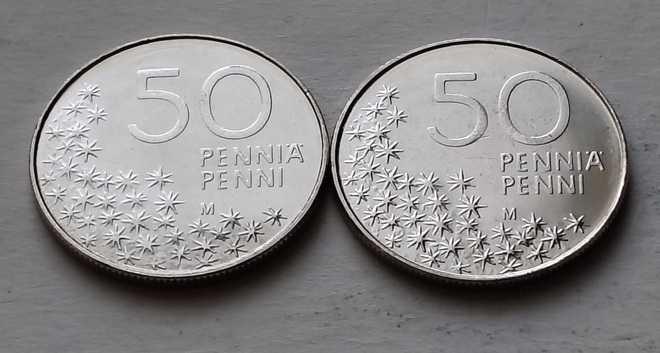 50 penniä, UNC, v. 1991, tyypit 1 ja 2