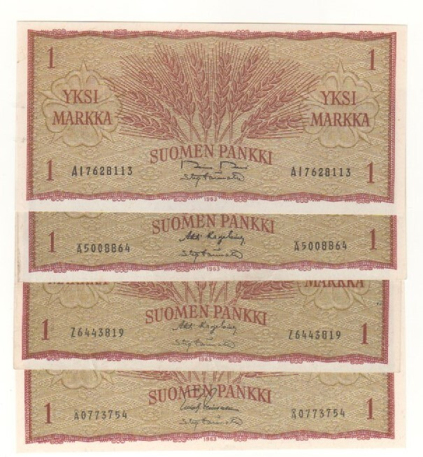 1 markka 1963 sarja AI , Å, Z,  ja Ä, kl 10, 10, 8, 8 yht. 4