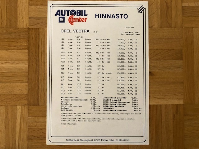 Hinnasto Opel Vectra A 1989. Esite