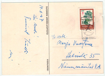 1967 tub 20p  postikortti VIERUMÄKI matkailuleima