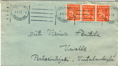 POSTILÄHETYS 5MK KELTAINEN PARI SIIRTYMÄLLÄ HELSINKI-PERÄSEI