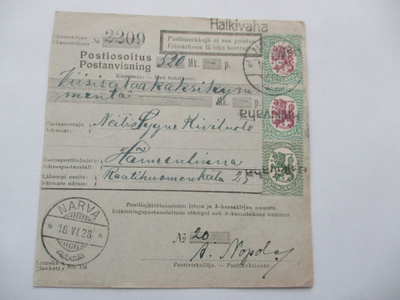 1928 Halkivaha rivil + Narva postiosoitus