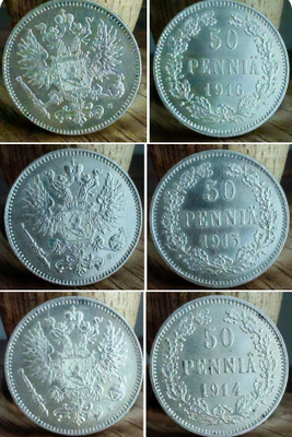 50 PENNIÄ (3kpl erä) v.1914,1915,1916