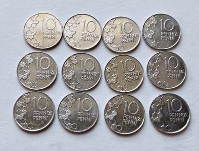 10 penniä v. 1990-2001, kaikki vuodet, circ, 12 kol