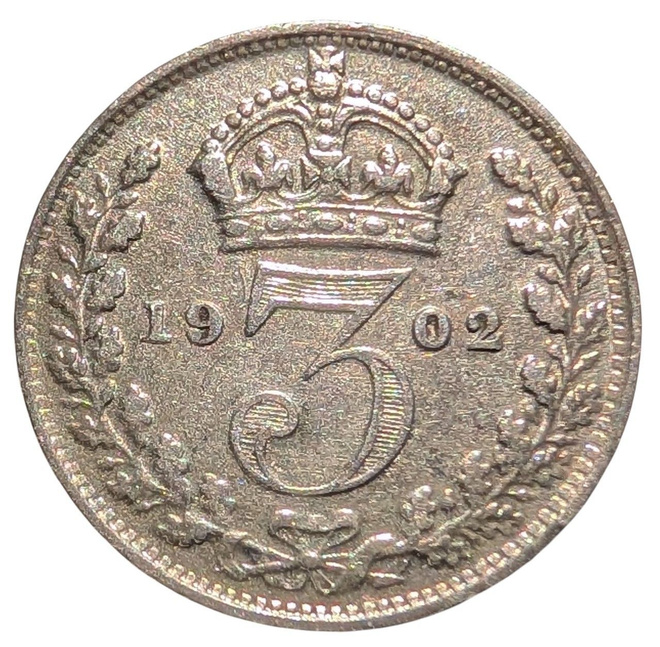 Iso-Britannia 3 Pence 1902 hopeaa