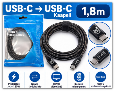 USB-C Thunderbolt 4 kaapeli 40Gbps 240W 8K / 1,8m #32146